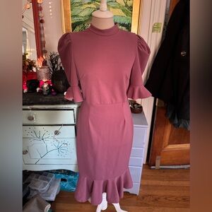 SHEIN Sheath Dress Dark Rose Pink L Ruffle Stretch Workwear Dressy VGUC
